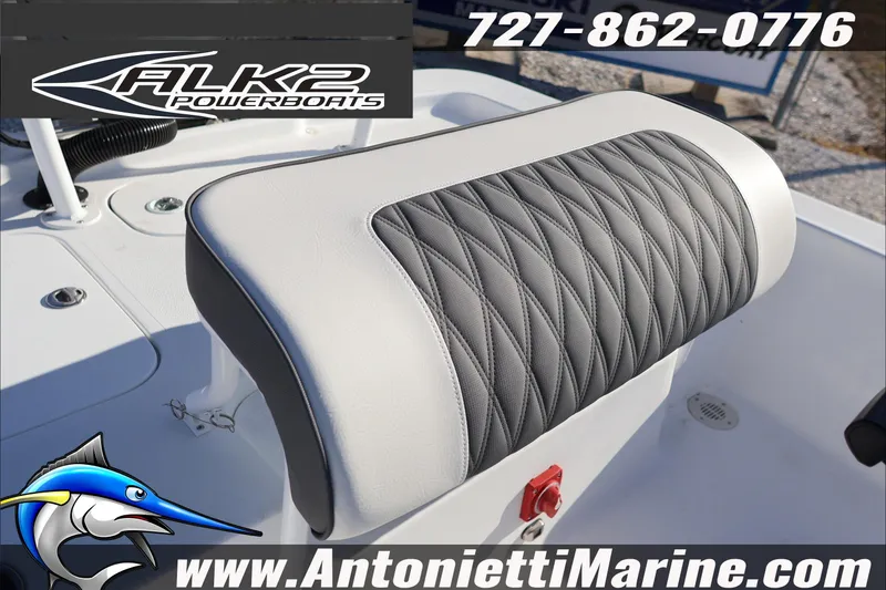Slide: The Image of 2026 ALK2 Powerboats 17HS seat detail with logo and contact information. - 8