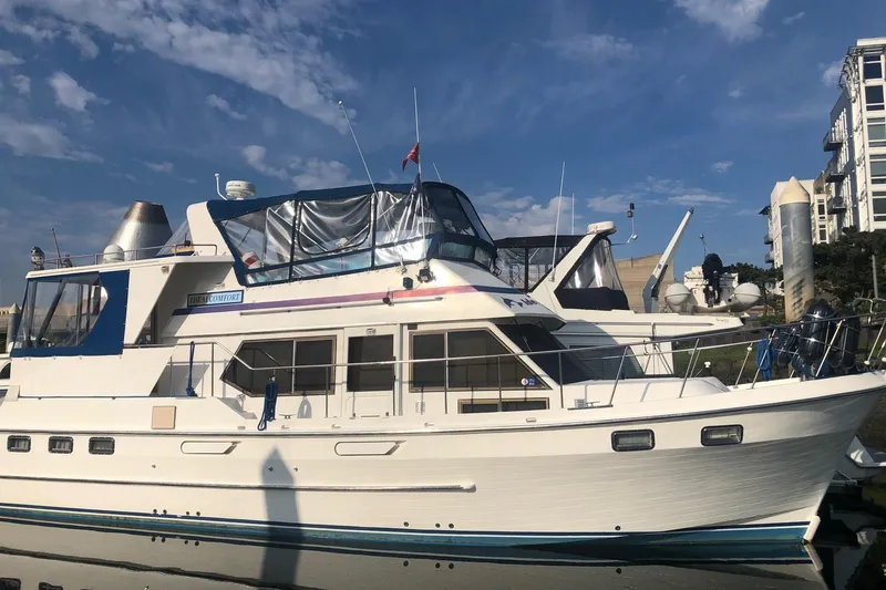 The Image of 1986 Ponderosa 42' yacht docked under a clear blue sky. - 0