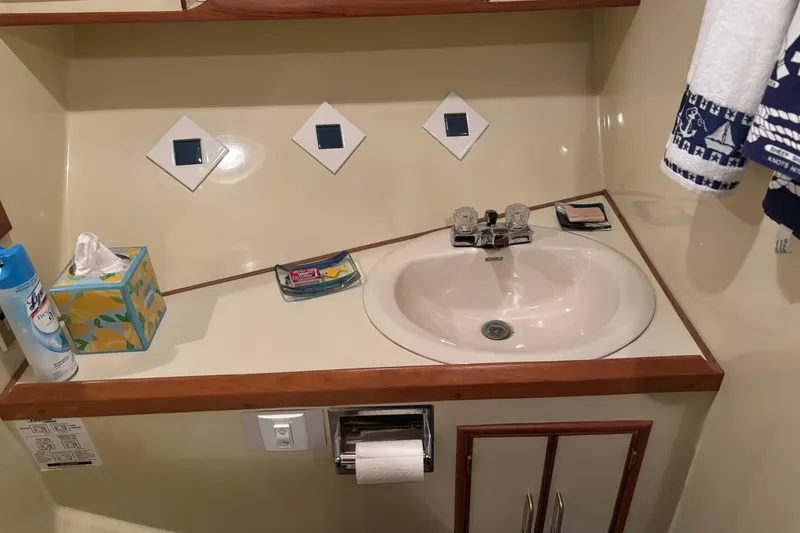 Slide: The Image of Bathroom sink area on a 1986 Ponderosa 42' yacht with toiletries and decor. - 24