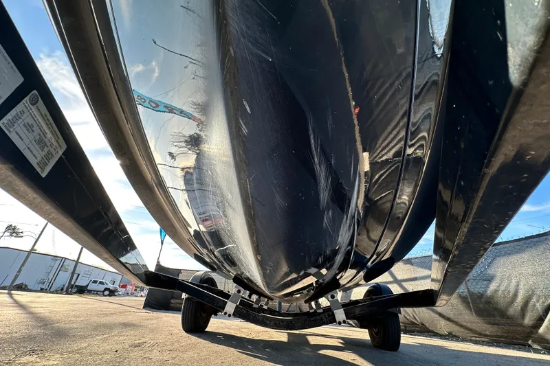 Slide: The Image of 2017 Chaparral Vortex 203 VRX boat hull on trailer, viewed from below. - 89