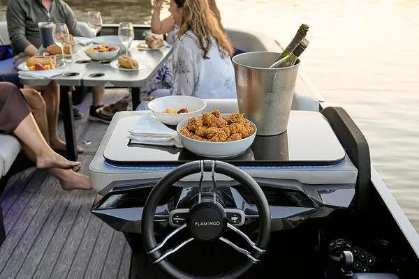 Slide: The Image of Luxury dining on a Custom rOve 225 boat, 2026 model, with gourmet food and drinks. - 15