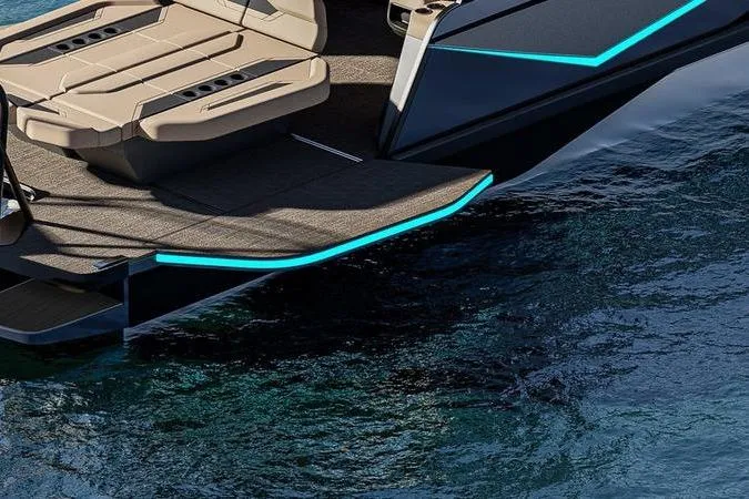 Slide: The Image of Custom rOve 225 boat, 2026 model, featuring sleek design and modern seating on water. - 18