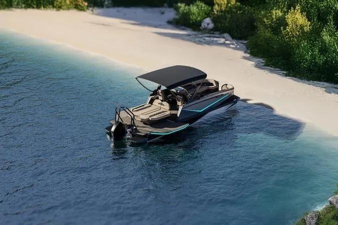 Slide: The Image of Custom rOve 225 boat on serene beach, 2026 model, with sleek design and canopy. - 2