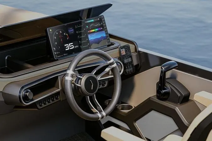 Slide: The Image of Futuristic boat dashboard of Custom rOve 225, 2026 model, featuring advanced digital displays. - 9