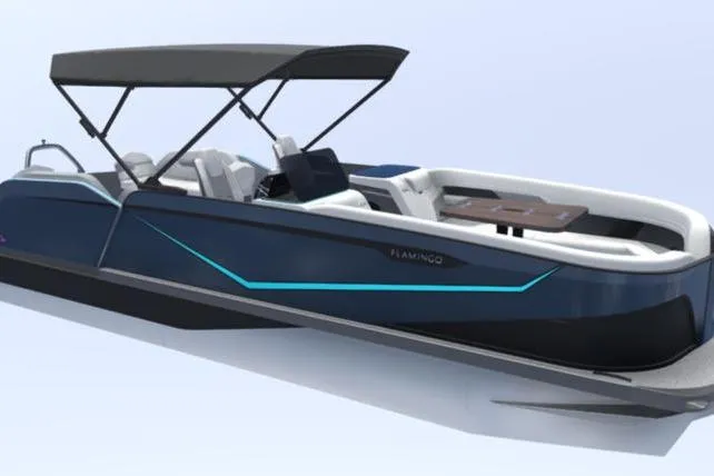Slide: The Image of 2026 Flamingo ROVE 245 boat with sleek design and modern features. - 14