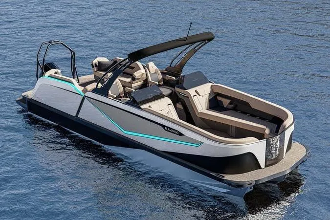 Slide: The Image of 2026 Flamingo ROVE 245 luxury pontoon boat on water, featuring sleek design and modern amenities. - 15