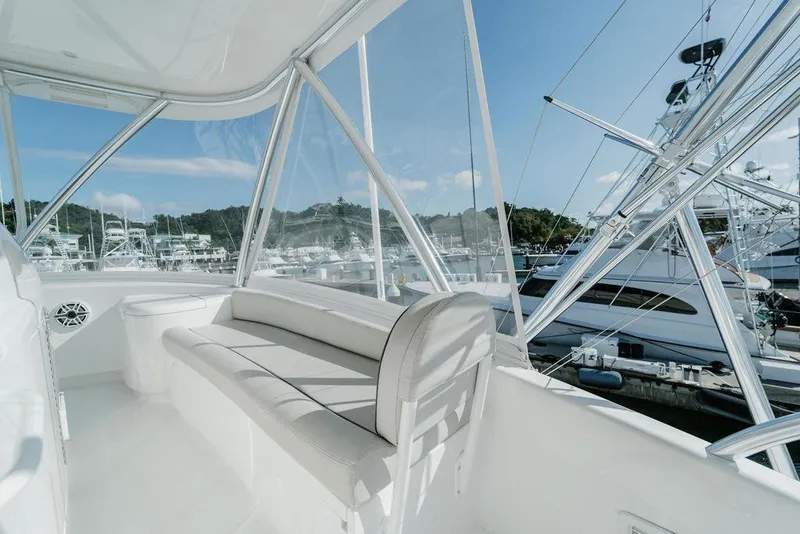 Slide: The Image of Luxurious interior of 2021 Viking 58 Convertible yacht with marina view. - 103