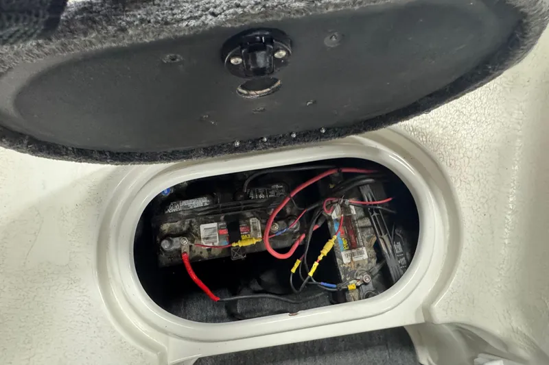 Slide: The Image of Battery compartment of 2000 Yar-Craft 1785 Mille Lacs boat with wiring visible. - 11