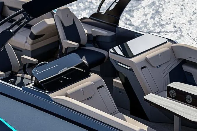 Slide: The Image of Futuristic Custom rOve 265 boat interior, sleek design, modern seating, and control panels, 2026 model. - 12