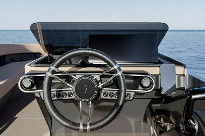Slide: The Image of Steering wheel of 2026 Custom rOve 265 boat with modern dashboard, ocean view. - 20