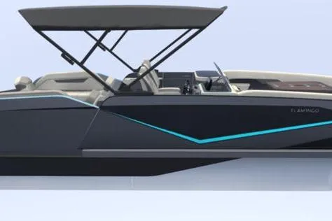 Slide: The Image of Custom rOve 265 boat, 2026 model, sleek design with modern canopy and blue accents. - 23