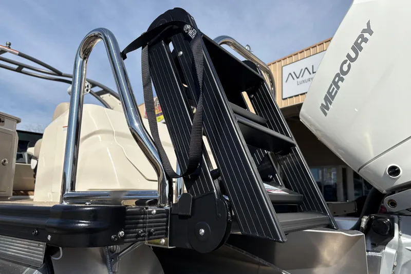 Slide: The Image of 2026 Avalon Exalibur LTD 27 Elite boat ladder and Mercury engine detail. - 7