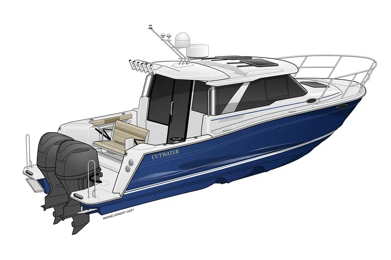 Slide: The Image of Manufacturer Provided Image: 2025 Cutwater C-288 Coupe boat with dual outboard motors, sleek design, and spacious deck. - 14