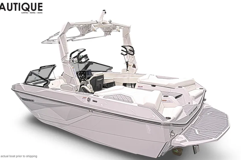 Slide: The Image of 2026 Nautique Super Air Nautique G21 boat, sleek design, white exterior, advanced features. - 2