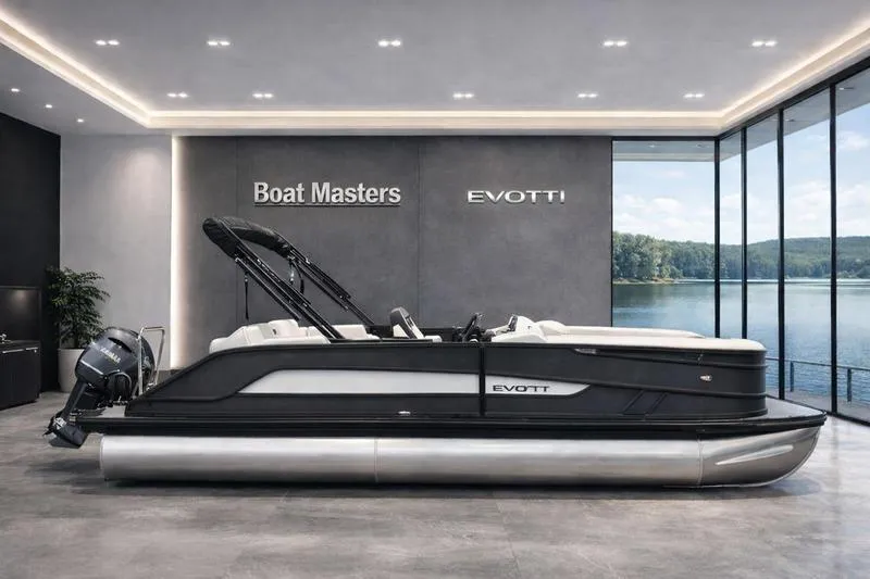 The Image of 2026 EVOTTI 523CS luxury pontoon boat in showroom with lake view. - 1