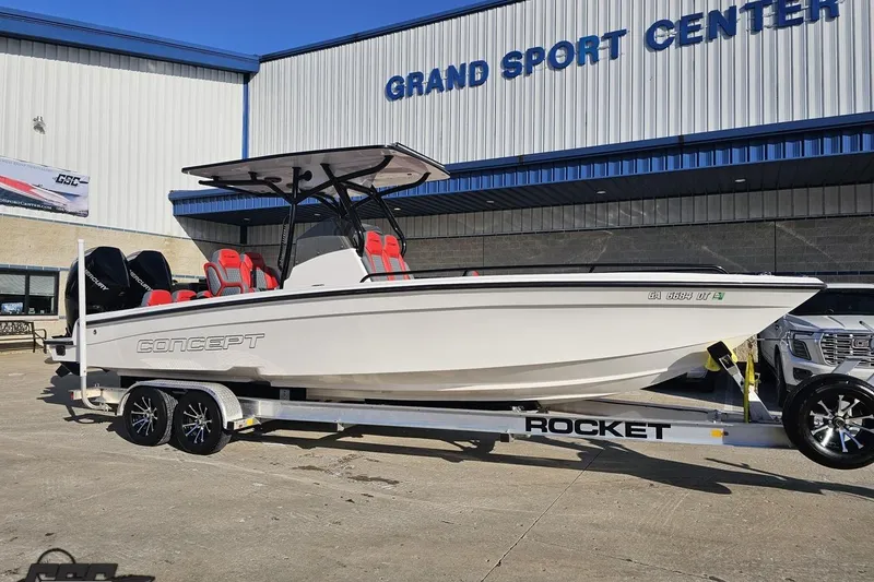 Slide: The Image of 2025 Concept 27' CC boat on trailer at Grand Sport Center. - 10
