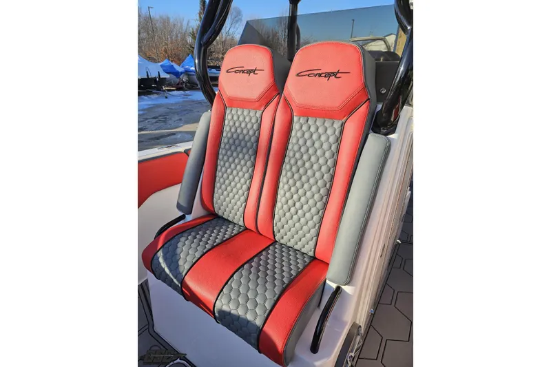 Slide: The Image of Red and gray seats in 2025 Concept 27' CC boat, featuring hexagonal pattern design. - 111