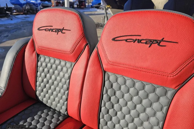 Slide: The Image of Red and gray seats of 2025 Concept 27' CC boat with logo embroidery. - 119