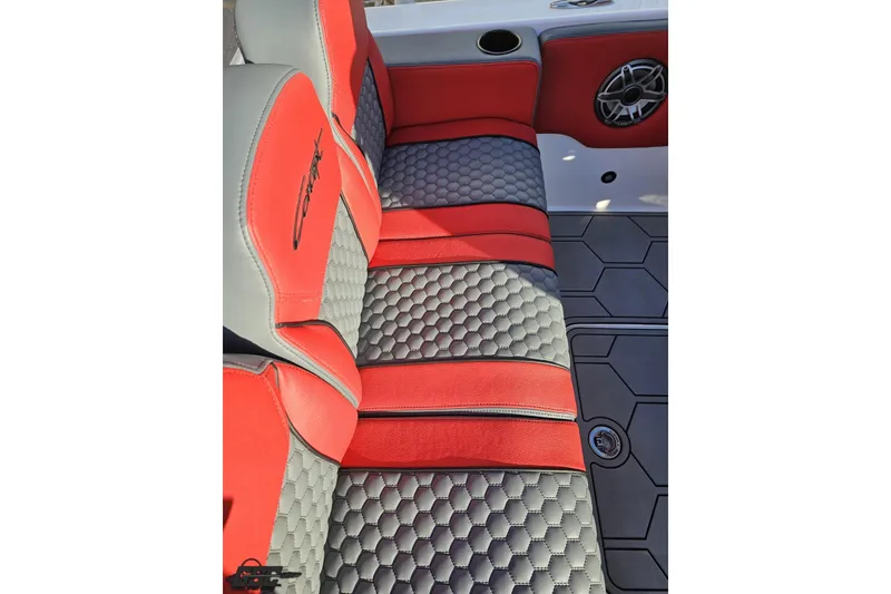 Slide: The Image of Luxurious red and gray seating in 2025 Concept 27' CC boat interior. - 59