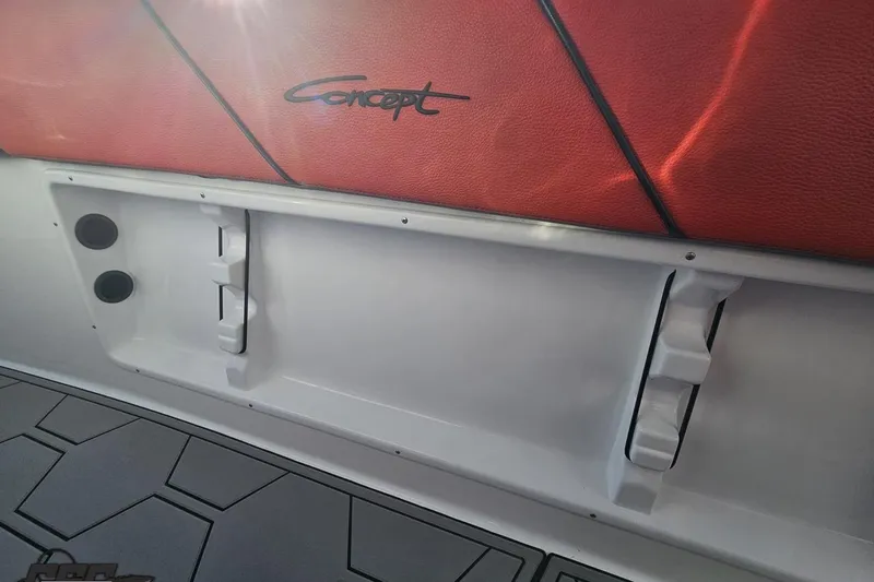 Slide: The Image of Interior of 2025 Concept 27' CC boat with red upholstery and modern design elements. - 66