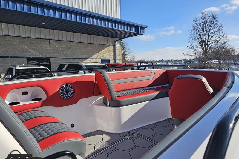 Slide: The Image of Luxurious interior of 2025 Concept 27' CC boat with red and gray seating. - 8