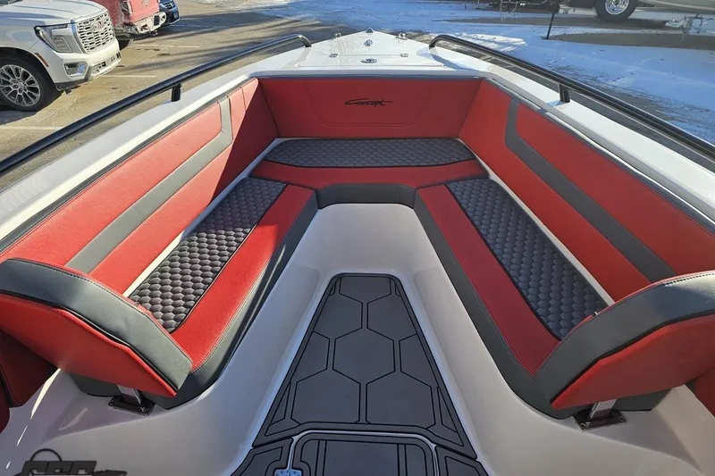 Slide: The Image of Interior of 2025 Concept 27' CC boat with red and gray seating. - 93