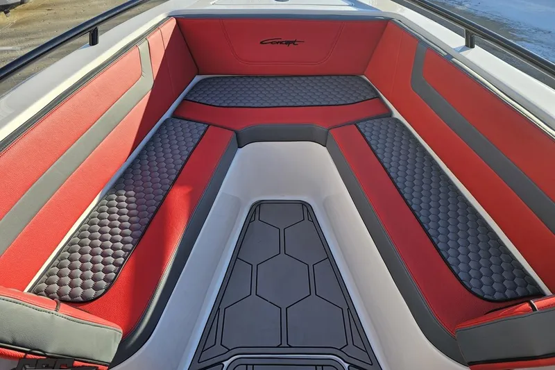 Slide: The Image of 2025 Concept 27' CC boat interior with red and gray seating, modern design. - 94