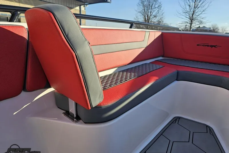 Slide: The Image of Red and black seating in 2025 Concept 27' CC boat, featuring modern design. - 95