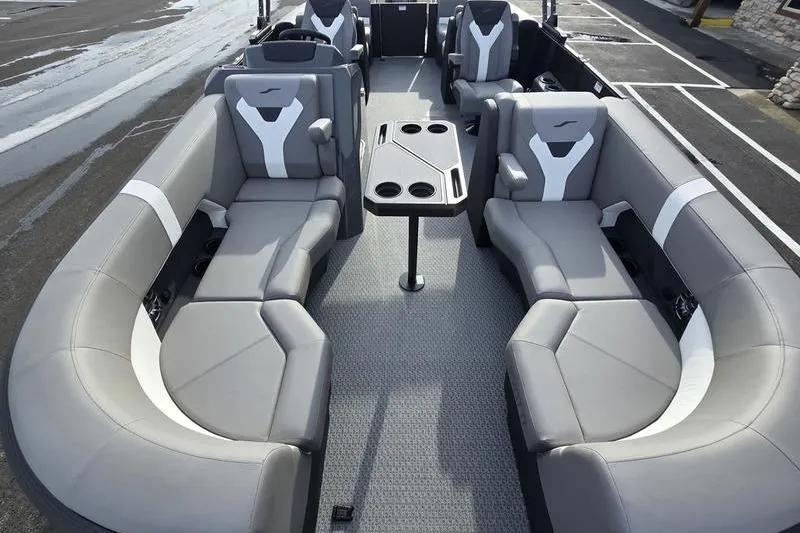Slide: The Image of Luxurious 2026 Evotti 521QL boat interior with stylish gray seating and central table. - 12