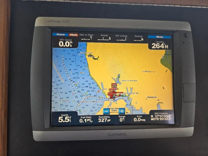 Slide: The Image of Garmin GPS display on 2010 American Tug 49 Limited, showing nautical navigation map. - 34