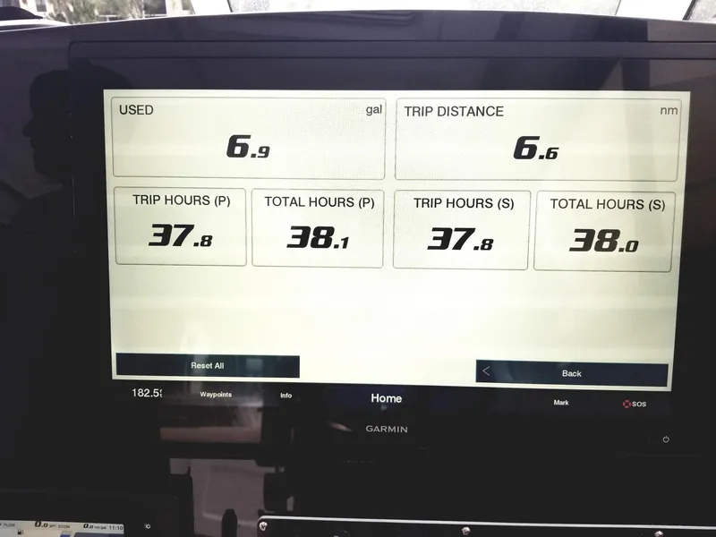 Slide: The Image of Garmin display on 2021 Southport 33 DC showing fuel and trip data. - 16