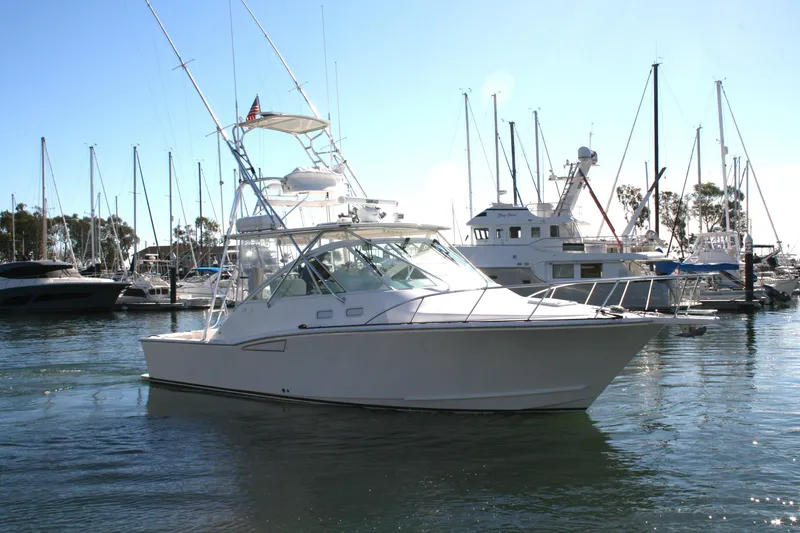 Slide: The Image of 2005 Cabo 35 Express yacht docked in a marina with sailboats in the background. - 4