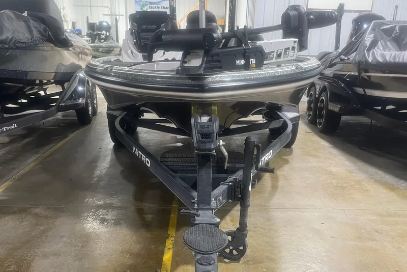 Slide: The Image of 2021 Nitro Z18 boat on trailer in indoor storage facility. - 3