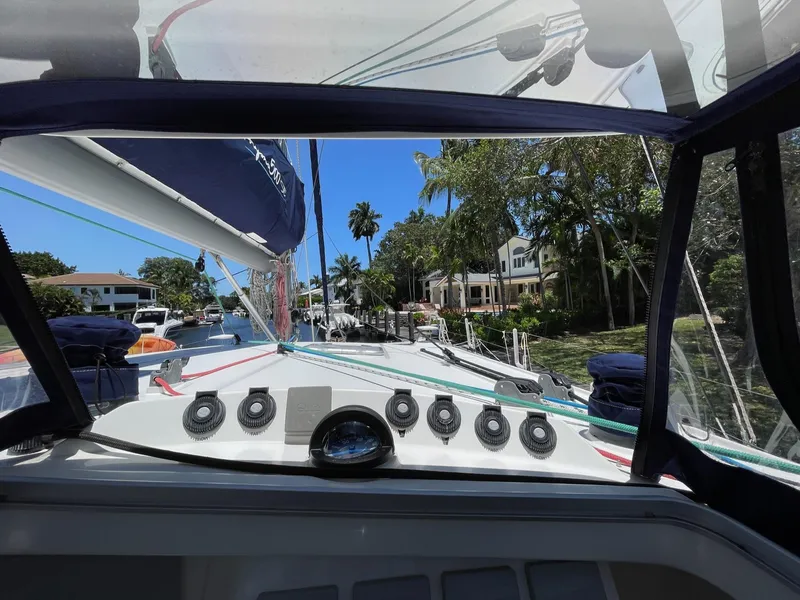 Slide: The Image of Interior view of a 2016 Knysna 500 SE yacht overlooking tropical coastline. - 44