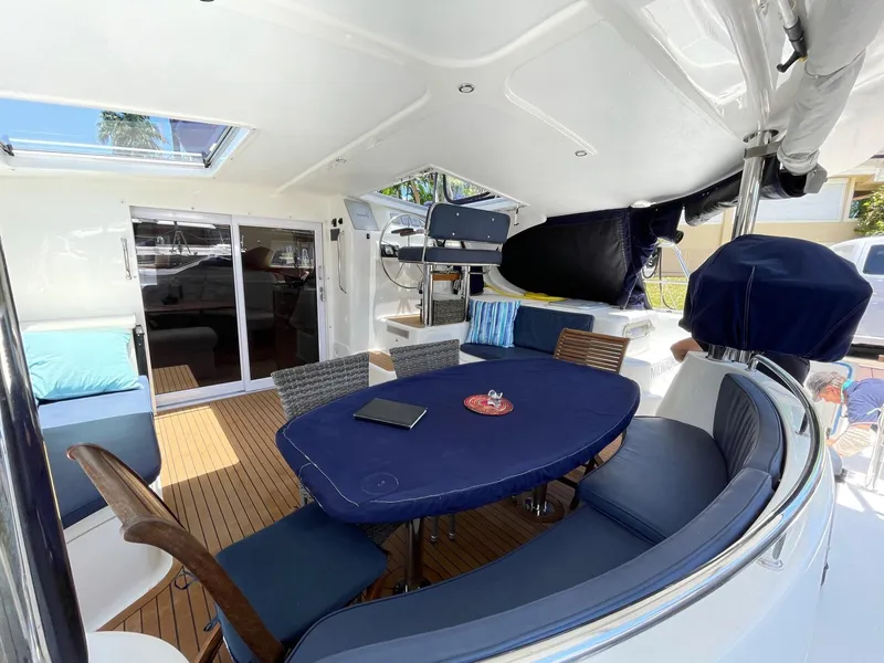 Slide: The Image of Interior of a 2016 Knysna 500 SE yacht with elegant blue upholstery. - 9