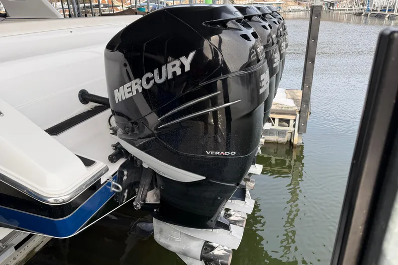 Slide: The Image of 2017 Cigarette 41' GTR with Mercury Verado 350 engines docked by the water. - 42