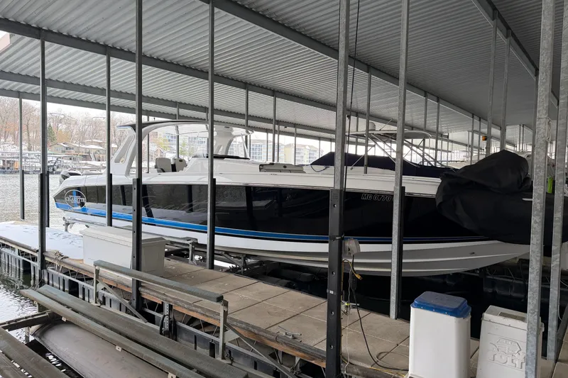 Slide: The Image of 2017 Cigarette 41' GTR boat docked in covered marina. - 5