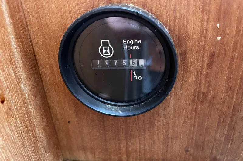 Slide: The Image of Engine hour meter on 1992 Hunter 33.5 sailboat, displaying 756.1 hours. - 15
