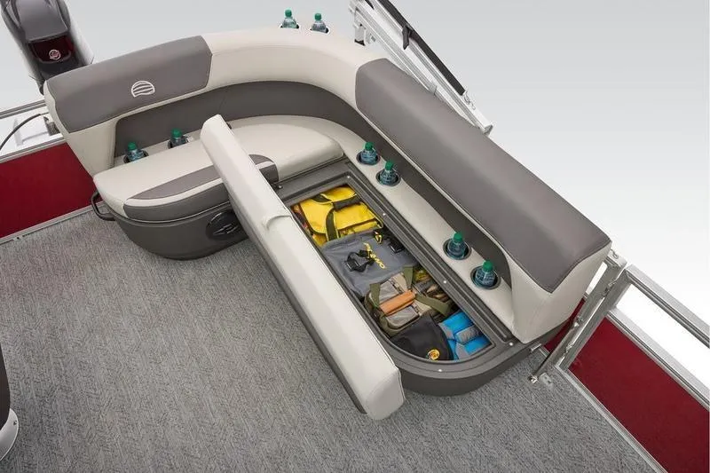 Slide: The Image of 2025 Sun Tracker Bass Buggy 16 XL Select pontoon boat with open storage compartment. - 13