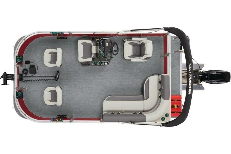 Slide: The Image of 2025 Sun Tracker Bass Buggy 16 XL Select pontoon boat, top view, spacious seating layout. - 2