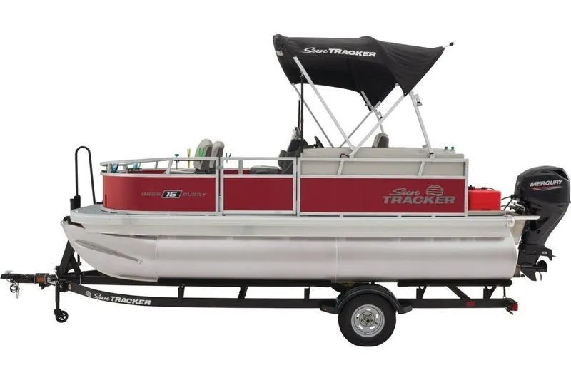 Slide: The Image of 2025 Sun Tracker Bass Buggy 16 XL Select pontoon boat on trailer. - 4