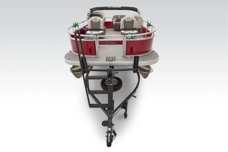 Slide: The Image of 2025 Sun Tracker Bass Buggy 16 XL Select pontoon boat on trailer, rear view. - 5