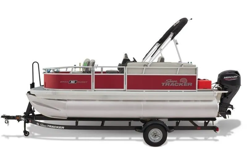 Slide: The Image of 2025 Sun Tracker Bass Buggy 16 XL Select pontoon boat on trailer. - 6