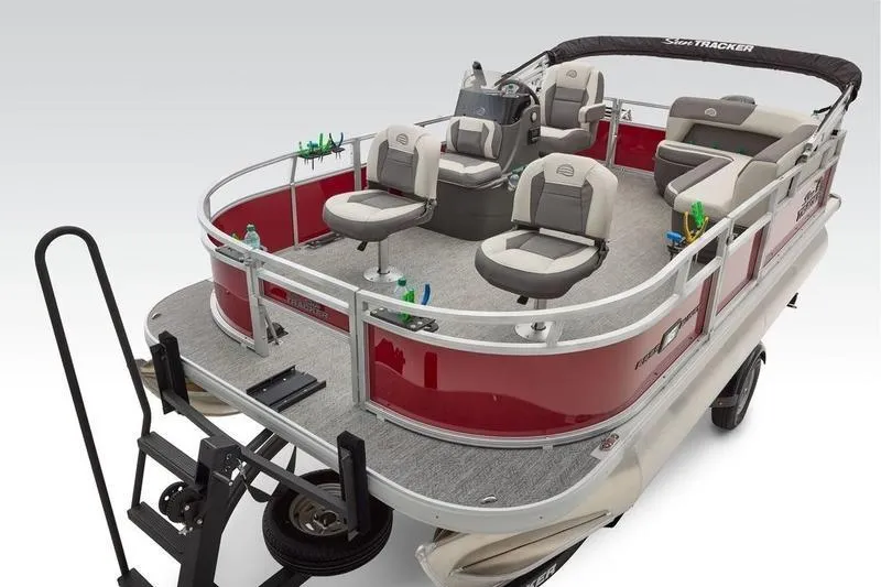 Slide: The Image of 2025 Sun Tracker Bass Buggy 16 XL Select pontoon boat with seating and fishing features. - 7