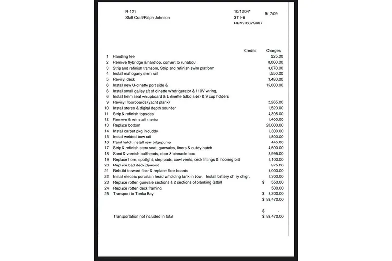 Slide: The Image of Invoice detailing restoration work on a 1987 Skiff Craft 31' Runabout boat. - 17