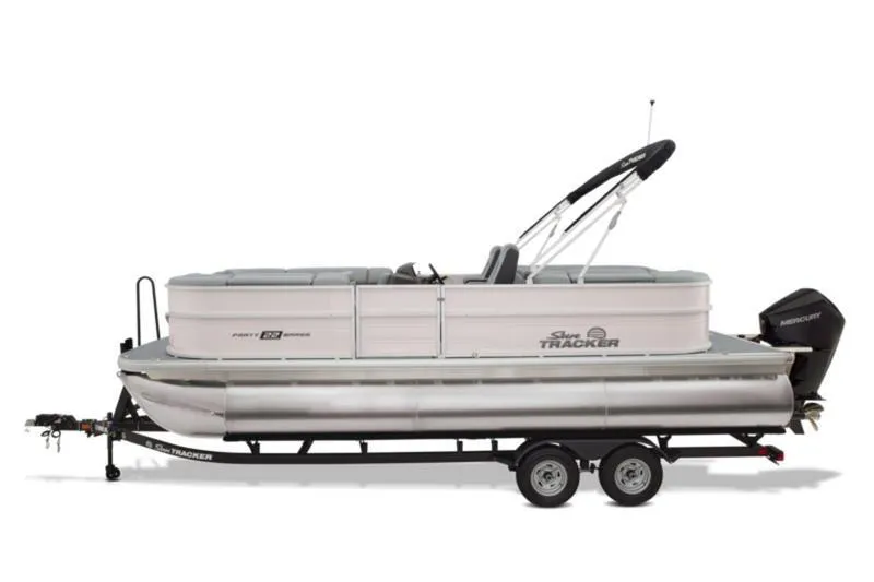 The Image of 2026 Sun Tracker Party Barge 22 DLX pontoon boat on trailer, side view. - 1