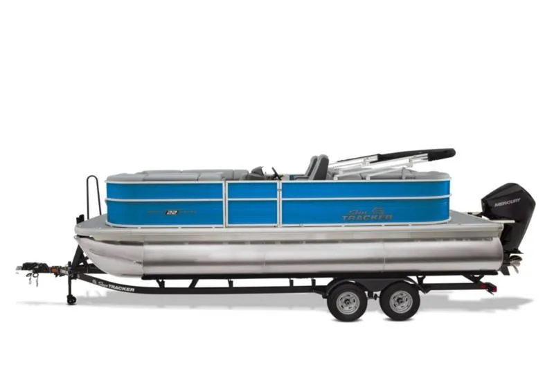 Slide: The Image of 2026 Sun Tracker Party Barge 22 DLX pontoon boat on trailer, side view. - 12