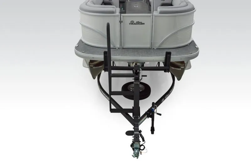 Slide: The Image of 2026 Sun Tracker Party Barge 22 DLX pontoon boat on trailer, rear view. - 13