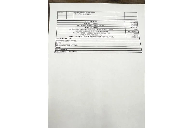 Slide: The Image of Invoice for 2026 Contender 26 Bay boat with pricing details and customer information fields. - 5