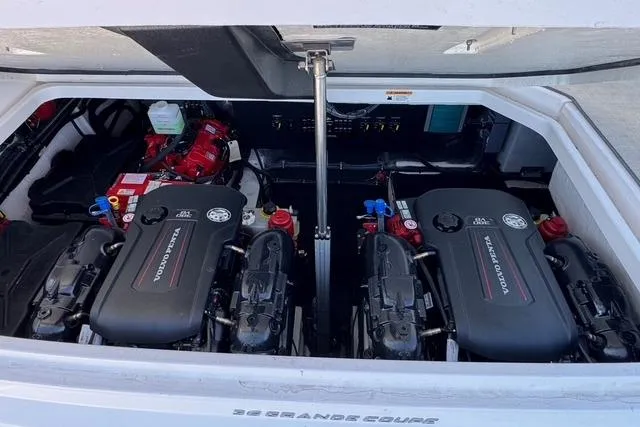 Slide: The Image of Engine compartment of a 2021 Regal 36 Grande Coupe with dual Volvo Penta engines. - 19